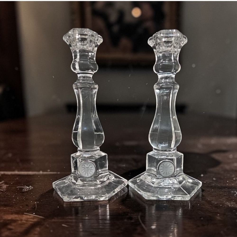 Fostoria Glass Clear Coin Candlestick‎ Holders, Set of 2, Vintage Home Decor